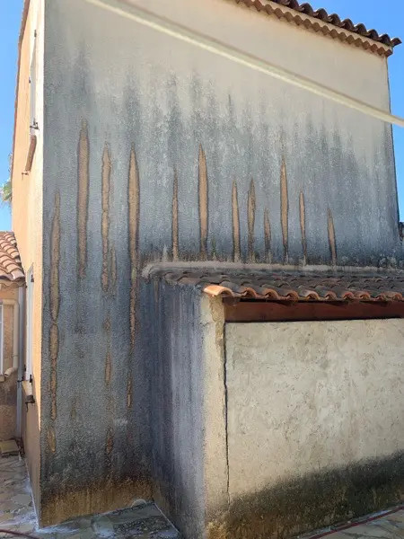 Avant nettoyage de façade à Évry (91) — traces vertes et noircies — ERGB Compagnons